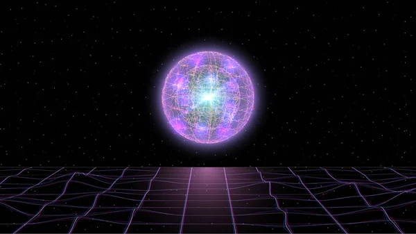 Retrowave synthwave vaporwave paesaggio nello spazio con griglia laser e fresco fantastica sfera luminosa sopra l'orizzonte . — Vettoriale Stock