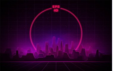 Retrowave night city with laser grid and big neon circle on background. Futuristic cityscape with glowing neon pink and purple lights and fog on dark background. clipart