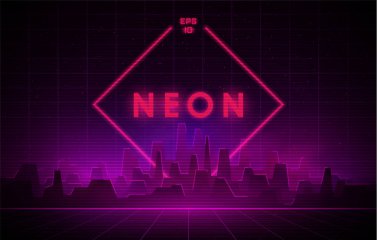 Retrowave night city with laser grid and big neon rhombus on background. Futuristic cityscape with glowing neon pink and purple lights and fog on dark background. clipart