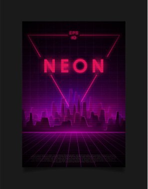 Lazer ızgara, parlayan neon pembe ve mor ışıklar ve sis ve şehrin arkasında büyük neon üçgen ile Retrowave cityscape. El ilanı, broşür, kart, vb. için tasarım.