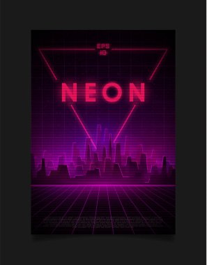Retrowave cityscape with laser grid, glowing neon pink and purple lights and fog and big neon triangle behind the city. Design for flyer, brochure, card, etc. clipart