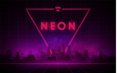 Retrowave night city with laser grid and big neon triangle on background. Futuristic cityscape with glowing neon pink and purple lights and fog on dark background. clipart