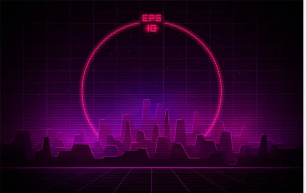 Retrowave cidade noturna com grade de laser e grande círculo de néon no fundo. Paisagem urbana futurista com luzes rosa e roxas de néon brilhante e nevoeiro no fundo escuro . —  Vetores de Stock