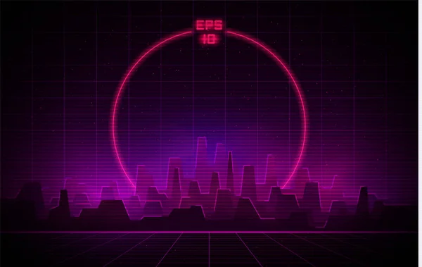 Retrowave ciudad nocturna con rejilla láser y gran círculo de neón en el fondo. Paisaje urbano futurista con luces brillantes de neón rosa y púrpura y niebla sobre fondo oscuro . — Archivo Imágenes Vectoriales