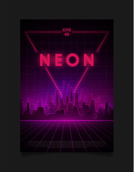 Retrowave cityscape with laser grid, glowing neon pink and purple lights and fog and big neon triangle behind the city. Design for flyer, brochure, card, etc.