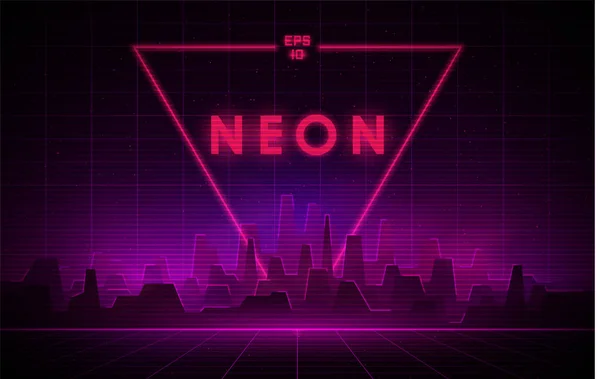 Retrowave gece şehir lazer ızgara ve arka plan üzerinde büyük neon üçgen ile. Parlak neon pembe ve mor ışıklar ve karanlık arka plan üzerinde sis ile Fütüristik cityscape.