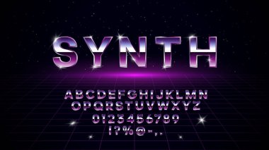 1980'lerde retrowave synthwave vaporwave yazı tipi. Retrowave tasarım harfler, sayılar, semboller ve yıldızlı alanda lazer ızgara ile karanlık arka plan üzerinde lens parlama seti. Eps 10