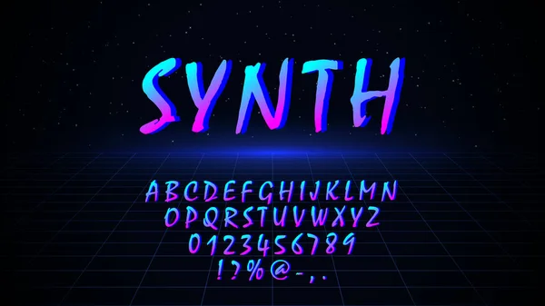 Fonta dengan gaya 80-an. Retrowave synthwave huruf desain, nomor, simbol pada latar belakang gelap dengan grid laser di ruang berbintang. Eps 10 - Stok Vektor