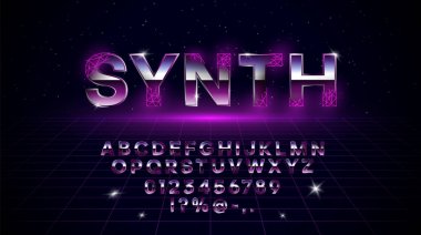 1980'lerde retrowave synthwave vaporwave yazı tipi. Retrowave tasarım harfler, sayılar, çokgen lazer ızgara ve lens parlama seti ile semboller. Eps 10