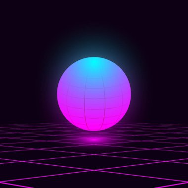 Retrowave illüstrasyon parlak canlı mavi pembe küre lazer ızgara ile uzayda yüzer. Eps 10