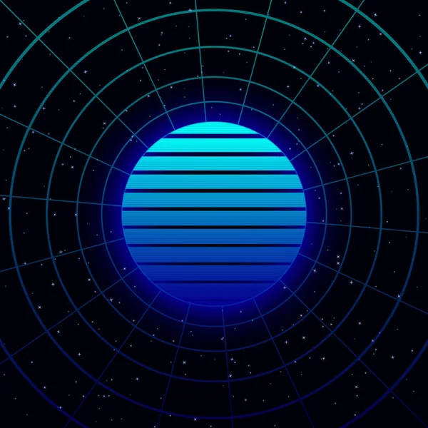 Retrowave μπλε ήλιο ντεγκραντέ με κυκλικό πλέγμα λέιζερ σε σκοτεινό έναστρο χώρο. Κέρδος ανά μετ. 10 — Διανυσματικό Αρχείο