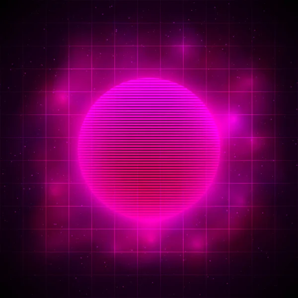 Retmicrowave style pink red sun in pink nebula on dark background with laser grid and starry space. Eps 10 — стоковый вектор