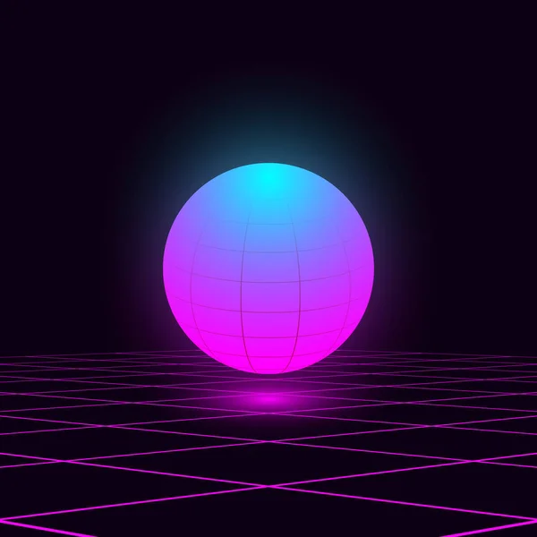 Retrowave illüstrasyon parlak canlı mavi pembe küre lazer ızgara ile uzayda yüzer. Eps 10