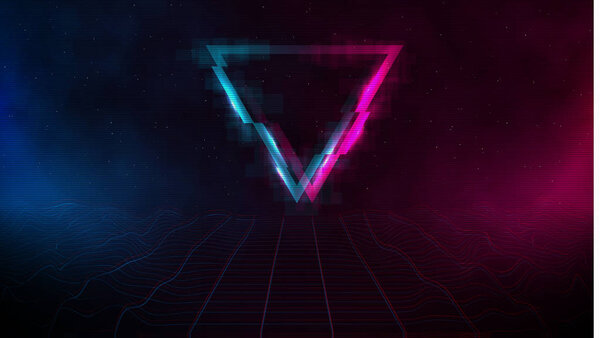 Retrowave synthwave vaporwave cyber landscape laser grid with glitch triangle, pink and blue fog and glows on both sides in starry space. VHS effect. Eps 10