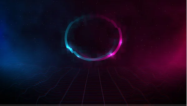 Grille laser cyber-paysage à ondes de vapeur synthés rétroondes avec cercle glitch, brouillard rose et bleu et lueurs des deux côtés dans l'espace étoilé. Effet VHS. Eps 10 — Image vectorielle