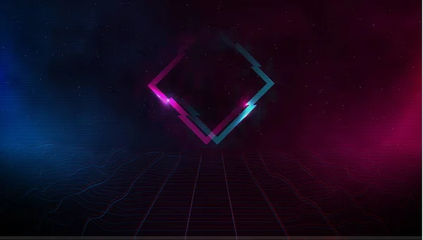 stock vector Retrowave synthwave vaporwave cyber landscape laser grid with glitch rhombus, pink and blue fog and glows on both sides in starry space. VHS effect. Eps 10