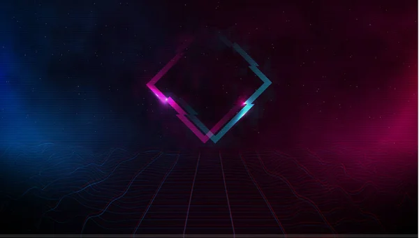 Retrowave synthwave uap cyber landscape laser grid dengan rembus glitch, pink dan biru kabut dan bersinar di kedua sisi dalam ruang berbintang. Efek VHS. Eps 10 - Stok Vektor