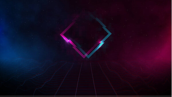 Retrowave synthwave vaporwave cyber landscape laser grid with glitch rhombus, pink and blue fog and glows on both sides in starry space. VHS effect. Eps 10