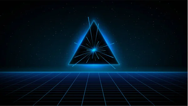 Retrowave synthwave Vaporwave blue cyber laser grid with blue glowing triangle portal with speed rays in starry space. Efek VHS. Eps 10 - Stok Vektor