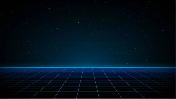 Synthwave vaporwave retrowave cyber background with copy space, laser grid, starry sky, blue glow. Design for poster, cover, wallpaper, web, banner, etc. VHS effect. Eps 10. — Stock Vector