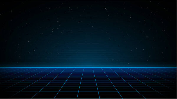 Synthwave vaporwave retrowave cyber background with copy space, laser grid, starry sky, blue glow. Design for poster, cover, wallpaper, web, banner, etc. VHS effect. Eps 10.