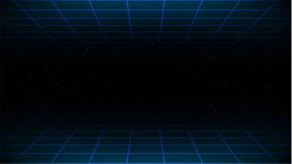 Kopya alanı ile Synthwave vaporwave retrowave retrowave siber arka plan, lazer ızgara yukarıda ve altında ve yıldızlı gökyüzü. Poster, kapak, duvar kağıdı, web, afiş, vb için tasarım Vhs etkisi. Eps 10.
