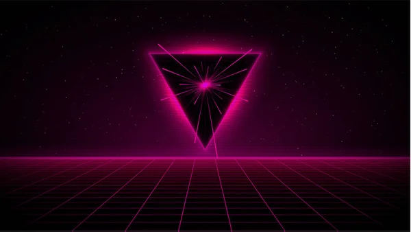 Retrowave synthwave vaporwave pembe siber lazer ızgara yıldızlı uzayda hız ışınları ile mavi parlayan üçgen portal. Vhs etkisi. Eps 10