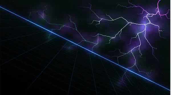 Synthwave vaporwave retrowave retrowave arka plan mavi lazer ızgara ve yıldız uzayda bulutlar parlayan yıldırım. Poster, kapak, duvar kağıdı, web, afiş, vb için tasarım Vhs etkisi. Eps 10.
