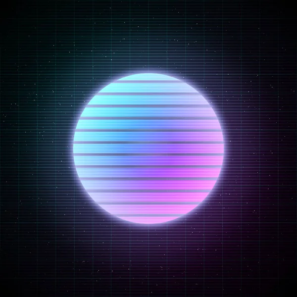 Retrowave gaya bergaris matahari dengan biru dan merah muda bersinar di ruang berbintang dengan grid laser. Gelombang uap, gelombang sintetis, ilustrasi retrowave untuk poster, spanduk, selebaran dll . - Stok Vektor
