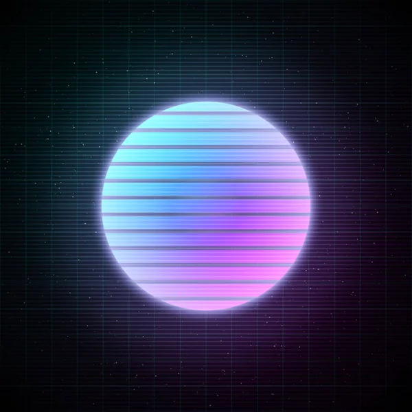 Sol de rayas estilo retroondas con brillo azul y rosa en el espacio estrellado con rejilla láser. Vaporwave, synthwave, ilustración de la retroonda para el cartel, la bandera, el folleto etc. . — Archivo Imágenes Vectoriales