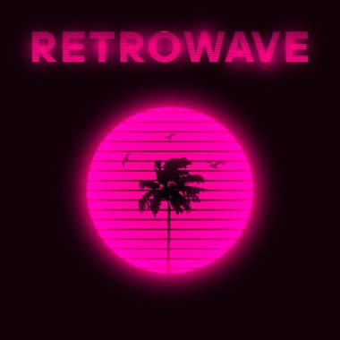 Synthwave style striped pink sun with silhouette of miami palm tree and seagulls. Miami aesthetics. Vaporwave. Eps 10 clipart