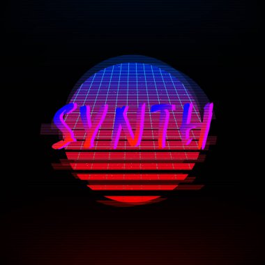 Dış uzay yıldızlı sentetik dalga eğimli güneş ve içinde lazer ızgarası, arıza etkisi. Retro 1980ler tarzı illüstrasyon. Eps 10