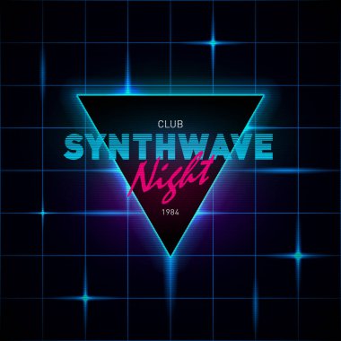 Synthwave retrowave triangle with blue and pink glowing on dark background with glowing blue laser grid. Design for poster, flyer. Eps 10. clipart