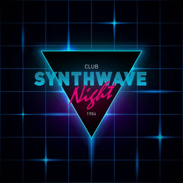 Synthwave retrowave driehoek met blauw en roze gloeiende op donkere achtergrond met gloeiend blauw laserraster. Ontwerp voor poster, flyer. Eps 10. — Stockvector