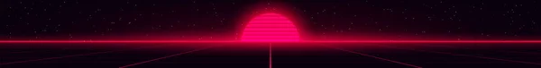 Retrowave stijl illustratie van rood gloeiende ondergaande zon op laserraster met Vhs effect op sterrenruimte achtergrond. Ontwerp voor banner. — Stockvector