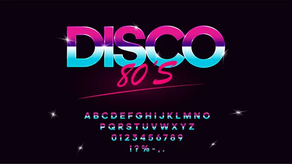 stock vector Retrowave synthwave vector font in 1980s style. Retro design letters, numbers, symbols and set of lens flare on dark background. Type for flyer, banner, poster, cover, etc. Eps 10