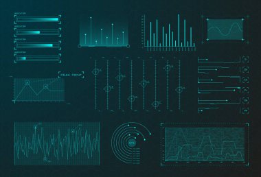 Yüksek çözünürlüklü bilgi elemanları kümesi. Fütürist kullanıcı arayüzü HUD, UI, GUI için bilim kurgu grafikleri ve diyagramları. Büyük veri analiz teması. Sanal grafikler. Düzenlenebilir felç. Vektör