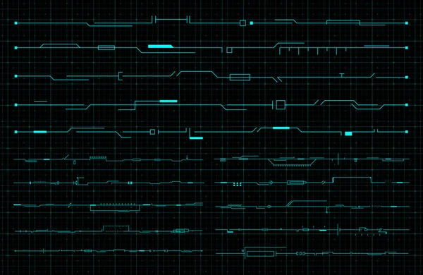 Zestaw futurystycznych nagłówków HUD, stopek i elementów linii na ciemnym hi-tech tle. Elementy FUI do projektowania stron internetowych, banerów, ulotek, imprez muzycznych. Edytowalny udar. Dobre do animacji. Wektor — Wektor stockowy