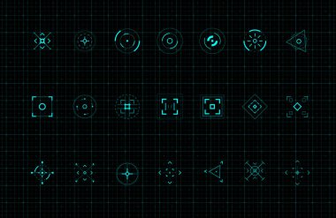 HUD çağrısı hedef tasarım elementleri. Bir dizi fütüristik işaret. FUI, kontrol paneli ve kullanıcı adamları için tasarım elemanları. Düzenlenebilir felç. Animasyon için iyi. Vektör