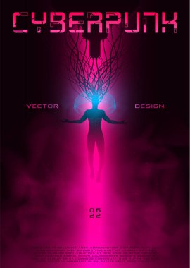 Sanal gerçekliğe bağlı yükselen bir adamın olduğu siber punk fütüristik poster. Müzik etkinlikleri için sentetik dalga planı. Bilim kurgu konsepti. Broşür, kapak, ağ için tasarım. Vektör.