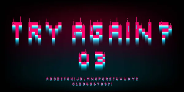 Pixel glitch fuente. 8 letras de distorsión de bits, números y símbolos. Retro rosa brillante y azul tipo de juego. Diseño para tipografía para juegos, banner, web. Vector. — Archivo Imágenes Vectoriales