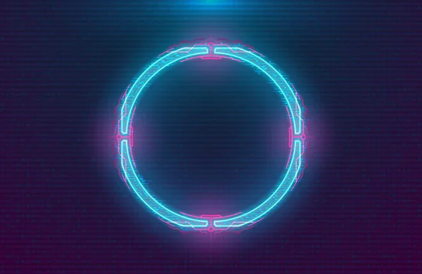 Lingkaran hologram cyberpunk beriluminasi Futuristik. Lingkaran modern dengan efek hud neon biru dan papan sirkuit cetak merah muda dengan latar belakang digital. Desain Glow untuk Banner, Web. Vektor Cyber - Stok Vektor