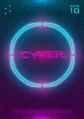 Aydınlatılmış siber punk hologram çemberli fütüristik poster. Mavi hud neon dairesi ve pembe baskılı devre kartı olan modern şablon. Poster, broşür ve kapak için parıltı tasarımı. Siber vektör