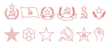 Set of linear icon of communism. Hammer, sickle, wreath, star, flag, gear and fist of rebellion. Red Soviet emblems isolated on white background. Vector clipart