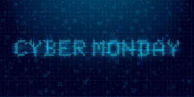 Siber Pazartesi fütüristik siber punk arıza pankartı. Mavi parlayan dijital siber pazartesi yazıtları. 8 bit başlık. Bir tanıtım etkinliği için tasarım. Vektör