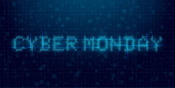 Cyber Monday futurista banner de fallo ciberpunk. Inscripción cibernética azul brillante del lunes. Título de 8 bits. Diseño para un evento promocional. Vector — Vector de stock