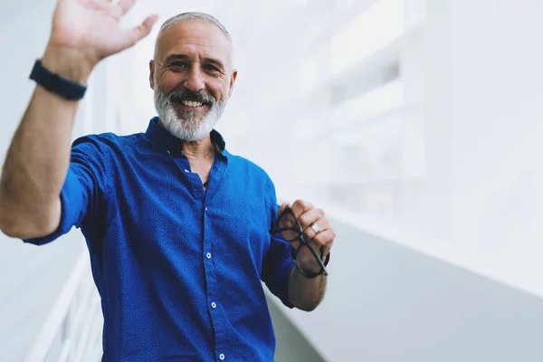 Happy Smart Looking Trader Giving High Five Camera Received Good — Stock Photo, Image