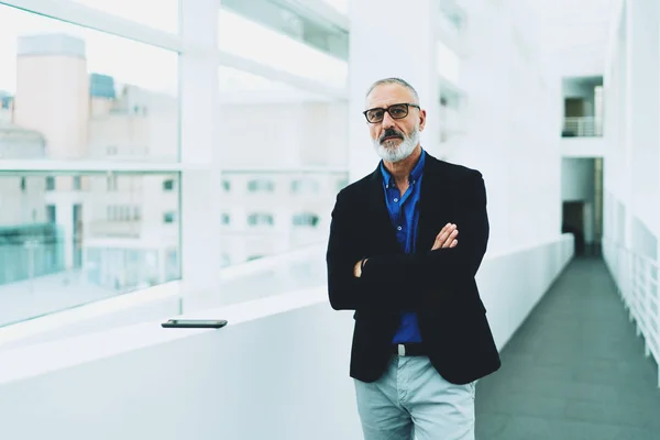 Professional Lawyer Wearing Glasses Waiting Clients Office Corridor Smart Looking Stock Picture