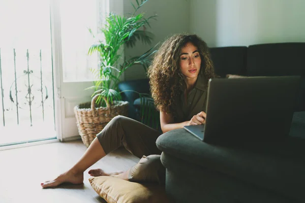 Beautiful Hispanic Woman Working Laptop Computer While Sitting Floor Home Royalty Free Stock Images
