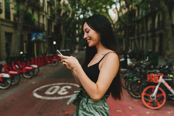 Cheerful Caucasian Woman Long Dark Hairs Chatting Friends Social Media Stock Image